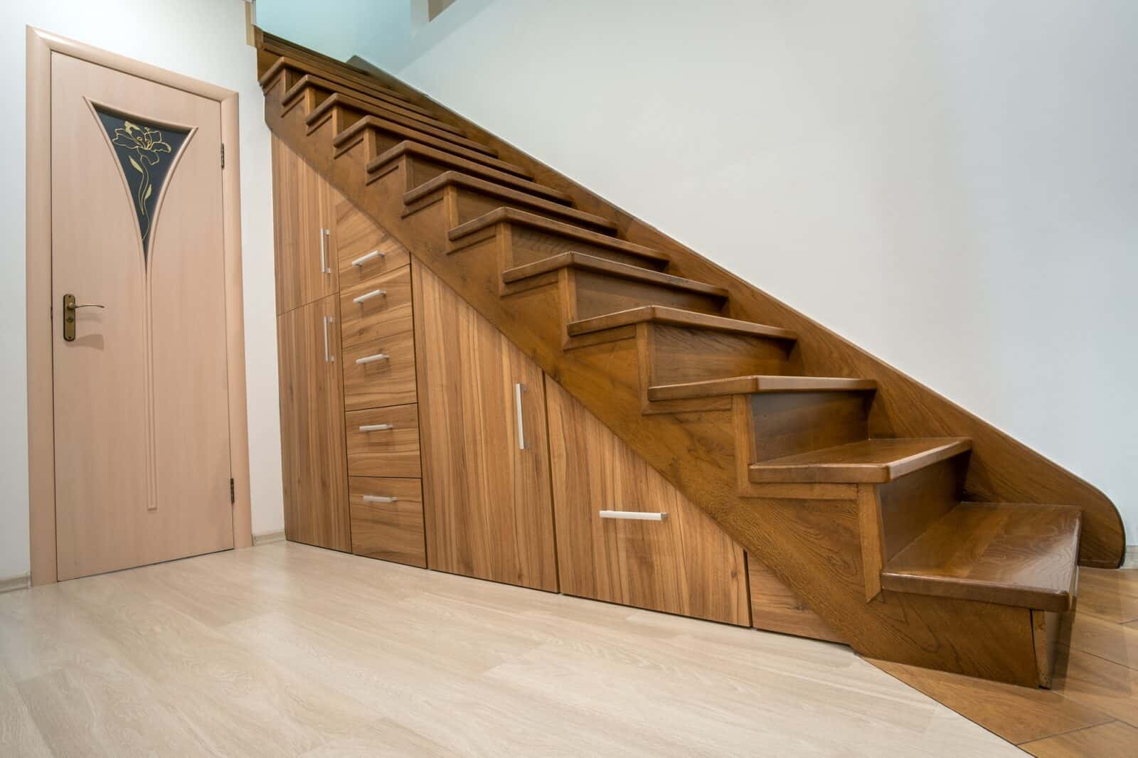 Modern architecture interior with luxury hallway with glossy wooden stairs in multi-storey house